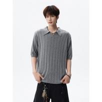 Men's Grey Vertical Striped Knit Short Sleeve Polo Shirt For Casual And Business M pilka