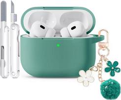 Silicone case for AirPodspro 4, comes with a shiny keychain and cleaning kit tamsiai žalia spalva