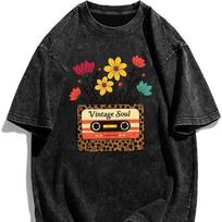 Retro Floral Radio Print T-shirt Vintage Washed Short-sleeved Shirt Loose-fitting Large-sized Cotton Top S