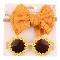 2pcs/set Soft Elastic Children Bowknot Headband Wide Cotton Bows Turban Solid Color Sunglasses Set Hair Accessories