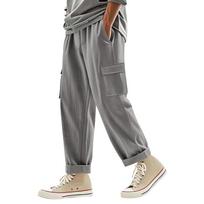 Men's Linen Four-season Thin Breathable Tooling Multi-pocket Loose Casual Trend Wide-leg Trousers M tamsiai pilka spalva