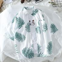 Mens Hawaiian Palm Leaf Print Turn Down Collar Short Sleeve Shirts M