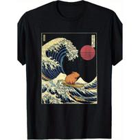 Men'S Funny Surfing Capybara & Japanese Kanagawa Great Wave off Kanagawa Anime Graphic T-Shirt - Hokusai Wave Design with Capybara Surfing - Loose S juoda