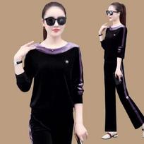 Golden Velvet Sports Suit Women's Spring and Autumn Fashion Long-sleeved + Wide-leg Pants Women's Casual Loose Two-piece Trend XXXXL juoda