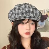 Autumn Japanese Retro Versatile Houndstooth Beret Sweet and Fashionable High End Octagonal Hat Big Head Circumference Showing Small Face One Size