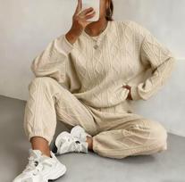 2025 Women's Cable Knit Patchwork Long Sleeve Top & Jogger Pants Set - Spring/Autumn Collection L rožinė