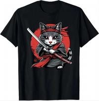 Japanese Samurai Cat Graphic T Shirt for Unisex 100 Cotton Ninja Cat Anime Style Casual Short Sleeve Black Top 2026 New 2XL brown