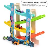 Kids Montessori Ramp Racer Racing 4-Track with 6 Mini Wooden Cars DIY Building Blocks Cartoon Track Glide Car Game Birthday Gift