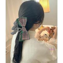 Teddy bear hair clip plaid doll ribbon long hair half hair pattern large hair clip bcd178 check