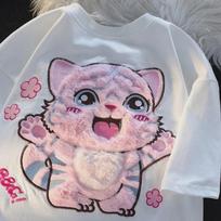 Guochao Didelio dydžio pūkuoti mieli tigro marškinėliai - Unisex trumpomis rankovėmis, nišinio dizaino, puikiai tinka poroms XL balta