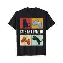 Men'S 100% Cat & Gaming Graphic T-Shirt - Retro Video Game Design with 8-Bit Cat & Controller Print, Breathable Round Neck Short Sleeve Tee for S juoda