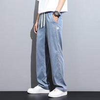 Men's Summer Soft Thin Baggy Straight Wide Leg Pants Youth Popular Drawstring Elastic Waist Loose Lyocell Fabric Trousers M mėlyna