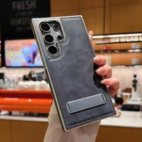 Prabangus padengtas odinis laikiklis telefono dėklas, skirtas Samsung Galaxy S24 S23 S22 Ultra Plus nematomas metalinis laikiklis, atsparus smūgiams kietas dangtelis smsung s23 mėlyna