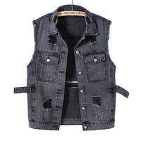 Large Size Denim Vest for Women Mid-length Spring and Autumn Korean Style Loose Retro Casual Vest with Holes Sleeveless Waistcoat M
