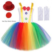 Rainbow Clown Costume for Girls | Colorful Tutu Dress with Pom Poms | Kids Joker Halloween Party Outfit | Carnival Birthday Cosplay S（80-95cm）