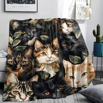 Calico Cat and Plants pattern Flannel Blanket, High quality Comfortable for All Seasons, Home Decor, Warmth and Comfort, Perfect for Gifts. 80cm x 120cm