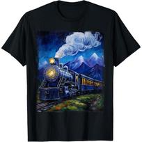 Steam Engine Steam Train Vintage Van Gogh Locomotive T-Shirt(1) S juoda