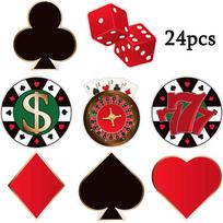 24 vnt. kortų žaidimo „Pokeris“ tematikos kartoniniai išpjovimai, vakarėlio išpjovimai, Las Vegaso dekoracijos, universalūs kortų žaidimo „Pokeris“ tematikos gimtadienio vakarėlio dekoracijų išpjovimai 24pcs
