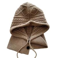 New Knitting Wool Winter Balaclava Hat One-Piece Thicken Women Hooded Caps Ear Protection Windproof Drawstring Hat chaki