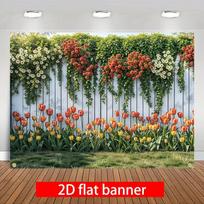 2D Garden Party Photo Booth Background, Vibrant Tulip and Hanging Flowers 47.2x31.5inch/120*80cm