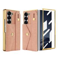 Compatible with Z Fold 7/6/5/4 Case with Card Slot, Wrist Strap and Stand, Faux Leather Wallet Fold7 Case with Screen Glass Film Galaxy Z Fold7 rožinė