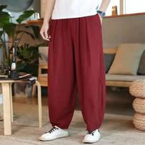 Baggy Pants Men Casual Wide Leg Oversize Jogger Trousers Chinese Drawstring Sweatpants M raudona