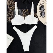 Susiraukšlėjęs braziliškas aukštų kojų kirpimo bikinis, moteriškas maudymosi kostiumėlis, moteriškas maudymosi kostiumėlis Dviejų dalių bikinio rinkinys maudymosi kostiumėliui S balta
