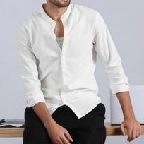 Vyriški medvilnės lino vienspalviai marškiniai Henley apykakle, kasdienio verslo bazinio stiliaus, prigludę, vienaeiliai, lengvi marškiniai S balta
