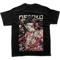 Hot Sale Demon Slayer Nezuko Kamado Graphic Print T-Shirt Men Women Black Hair with Fox Mask Red Eyes and Floral Kimono Black Cotton Summer New Tee 4XL