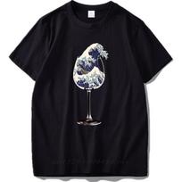 100 Cotton Kanagawa Surf T Shirt Unisex Noodles Wine Glass Artistic Design Black Great Wave Tee Tops Male Tshirts S