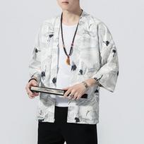 Men Print Kimono Style Three Quarter Sleeves  Samurai Costume Yukata Asian Clothes Cardigan  Top Clothes Plus Size M balta