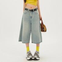 Retro Women Low Waisted Wash Cropped Baggy Jeans Y2k Wide Leg Frayed Denim Short Pants Plus Size S mėlyna