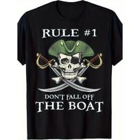 Rule Don't Fall Off The Boat Pirate T-Shirt - Retro Nautical Skull & Crossed Oars with Jolly Roger Flag & Tricorn Hat Design, Soft Unisex Loose Fit S juoda
