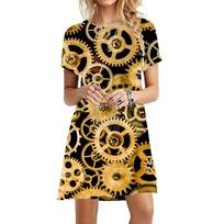 Vintage Steam Engine Punk Print Dress Women Pocket Watch Short Sleeve Dress Summer Oversized Clothing Casual Retro Mini Dress S