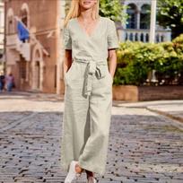 Women's Color Casual Loose Jumpsuit Short Sleeve Loose Casual Long Pants With Belt S smėlis