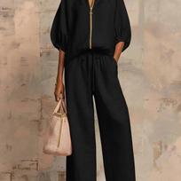Women's linen zipper shirt wide leg pants two-piece set, loose half sleeved shirt straight leg pants summer set M juoda