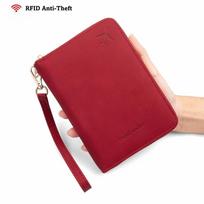 Multi-Functional PU RFID Passport Case Solid Color Anti-Magnetic Passport Holder Zipper Closure Coin Purse Unisex raudona