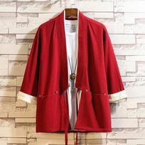 Spring Summer Men's Cardigan Samurai Costume Clothing Kimono Jacket Mens Kimono Shirt Casual Coat L raudona