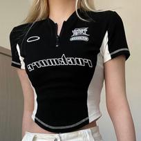 Women Sexy Cycling Tees Short Sleeve Zipper Collars Black Sports T-shirts For Female Casaul Tops Running Fashion Lady T-shirts S gray