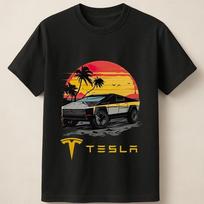 Tesla Cybertruck su tropine nuotaika ir drąsia saulėlydžio silueto Unisex marškinėliai Unisex marškinėliai L