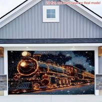 2D Christmas Train Garage Door Banner, Winter Steam Locomotive Photography Background 47.2x31.5inch/120*80cm
