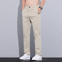 Ultra-thin Elastic Men's Casual Pants Summer Ice Silk Cotton Fashion Slim Straight Business Trousers Black Gray Khaki 28 chaki