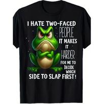 Angry Frog 'I HATE TWO-FACED PEOPLE' Graphic T-Shirt for Men - Plus Size Short Sleeve Casual Tee with Cartoon Design, Perfect for Summer Wear - Fun S juoda