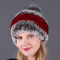 Moteriška kailinė kepurė su rex triušio ir lapės kailio bumbulu rudeniui ir žiemai Adjustable
