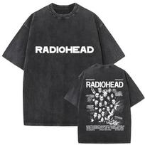 Per dydžio rūgštiniu būdu skalauti trumpomis rankovėmis marškinėliai su „Radiohead“ vintage grupės grafiniu spaudiniu L