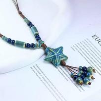 1PC ethnic style star ceramic necklace sweater chain retro cotton and linen clothes accessories bohemian style travel vacation accessories mėlyna