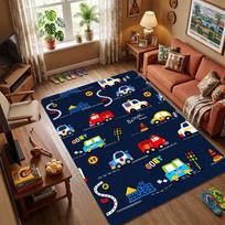 Cartoon Vehicles Kids Area Rug, Non-Slip Floor Mat with Train, Car & Plane Print for Toddlers, Educational Carpet for Playroom 40x60cm( 15x23in )