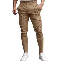 Vyriškos kostiuminės kelnės Verslo Strecth Slim Fit Proginės kelnės Vienspalvės Laisvalaikio kelnės,Maišelio raukinių dizainas Laisvalaikiui ir Slim Fit S chaki