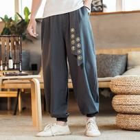 Men Cotton Kimono Pants Loose Harajuku Trousers Japan Men Traditional Asian Clothing Yukata Style Embroidered Harem Costume M tamsiai pilka spalva