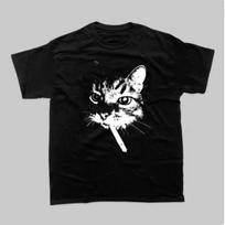Fashionable short sleeved fun cat model top clothing New Street smoking cat retro printed round neck Tshirt S